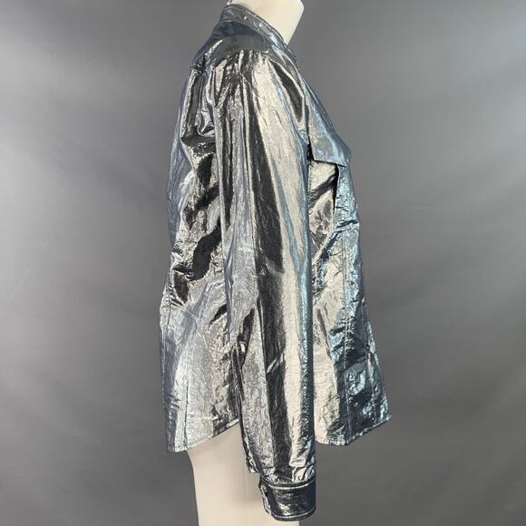 A.L.C. Size 4 Metallic Silver Cotton Blend Snaps Collarless Jacket - Picture 2 of 7